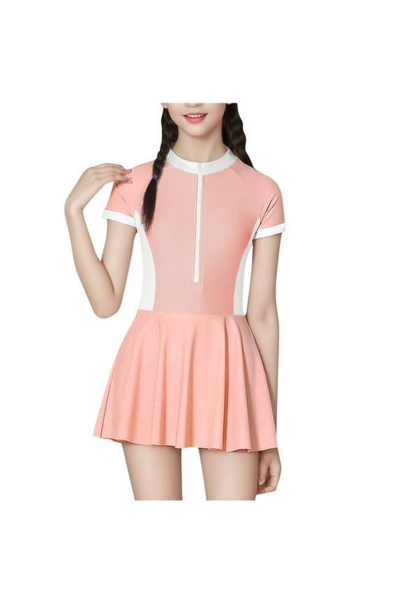 Girls Rash Guard Swimsuit Children's Zipper Short Sleeve Swimming Skirt Set UPF 50 Bathing Suit Beach Swimwear for Teen Girls 7-14 Years(Pink,7 Years)