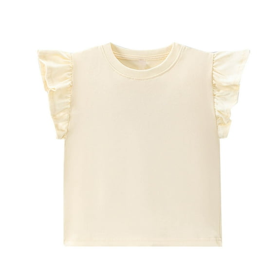 Fesfesfes Girls Ruffle Sleeve Shirts Summer Crewneck Solid Color Tee Tops Teens Girls Casual Cute Loose Blouse 2-13 Years(Khaki,6 Years)