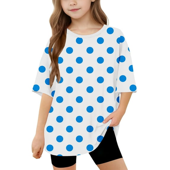 Fesfesfes Girls Shirts Summer Short Sleeve Cotton Soft Cute Print Tee Crewneck Solid Color Loose Tops Basic Shirts for Teen Girls 5-15 Years(Blue,5 Years)
