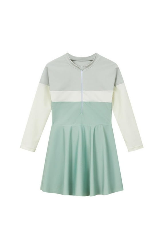 Girls' Solid Color Long Sleeved Half Zipper Skirt Swimsuit Children's Sun Protection Swimsuit 1 Piece Swimsuit for Kids 2-12 Years(Green,5 Years)