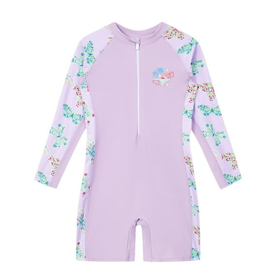 Fesfesfes Girls' Solid Color Long Sleeved Half Zipper Skirt Swimsuit Children's Sun Protection Swimsuit 1 Piece Swimsuit for Kids 2-12 Years(Purple#1,5 Years)