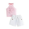 thumbnail image 1 of Fesfesfes Girls Summer 2Pcs Outfits for 1-5Years Ruffle Short Sleeve Flower Front Tops and Shorts Set with Pocket for Kids School(Pink,2 Years), 1 of 9