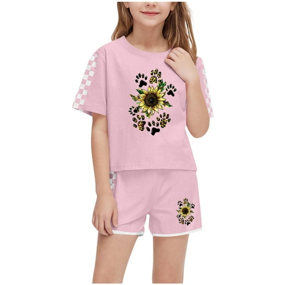 Fesfesfes Girls Summer Casual T-Shirts and Shorts Set 2 Pieces Set Teen Girls Drawstring Summer Outfits Solid Trendy Clothes for 5-14Years Girls(Pink,7 Years)