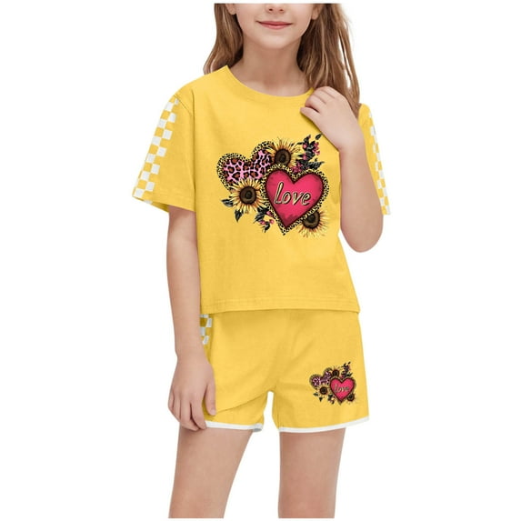 Fesfesfes Girls Summer Casual T-Shirts and Shorts Set 2 Pieces Set Teen Girls Drawstring Summer Outfits Solid Trendy Clothes for 5-14Years Girls(Yellow#4,9 Years)
