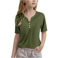 thumbnail image 1 of Fesfesfes Girls' Summer Cute T Shirts Casual Short Sleeve V Neck Plain Tunic Tops Children Fashion Button Top Solid Color Tshirts Teen Girls 3-14 Years(Multicolor#1,13-14 Years), 1 of 5