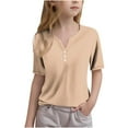 thumbnail image 1 of Fesfesfes Girls' Summer Cute T Shirts Casual Short Sleeve V Neck Plain Tunic Tops Children Fashion Button Top Solid Color Tshirts Teen Girls 3-14 Years(Khaki#1,7-8 Years), 1 of 5