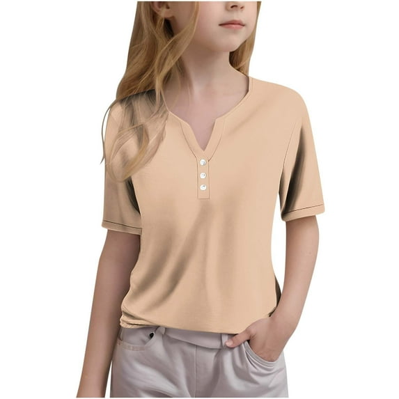 Fesfesfes Girls' Summer Cute T Shirts Casual Short Sleeve V Neck Plain Tunic Tops Children Fashion Button Top Solid Color Tshirts Teen Girls 3-14 Years(Khaki#1,7-8 Years)