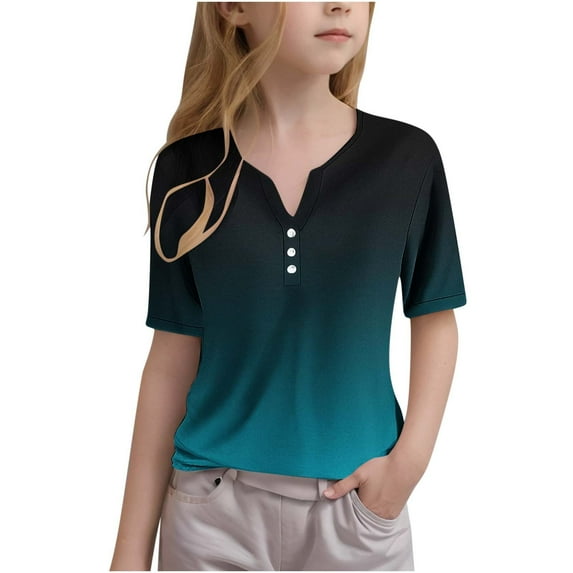 Fesfesfes Girls' Summer Cute T Shirts Casual Short Sleeve V Neck Plain Tunic Tops Children Fashion Button Top Solid Color Tshirts Teen Girls 3-14 Years(Dark Blue#3,3-4 Years)