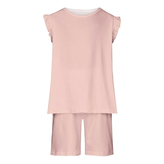 Fesfesfes Girls Summer Outfits Size 10-12 Toddler Baby Girl Comfortable Solid Color Sleeveless Cotton T-shirt Elastic Waist Shorts Set(Z02-Pink,11-12 Years)
