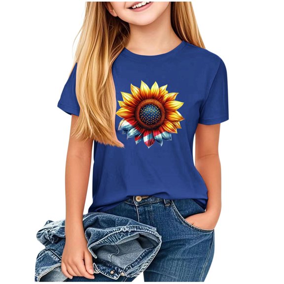 Fesfesfes Girls Summer T Shirts Kids Casual Crewneck Short Sleeve Mother's Day Loose Basic Tee Fashion Letter Print Pullover Tops 1-13 Years(Dark Blue#2,2-3 Years)