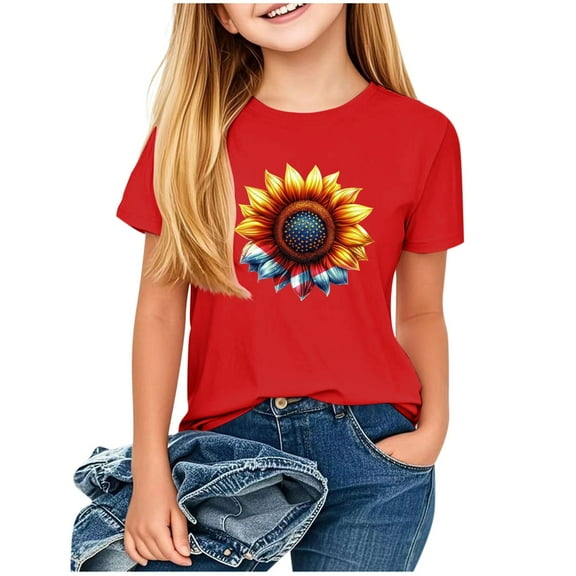 Fesfesfes Girls Summer T Shirts Kids Casual Crewneck Short Sleeve Mother's Day Loose Basic Tee Fashion Letter Print Pullover Tops 1-13 Years(Red#2,2-3 Years)