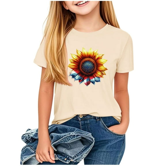 Fesfesfes Girls Summer T Shirts Kids Casual Crewneck Short Sleeve Mother's Day Loose Basic Tee Fashion Letter Print Pullover Tops 1-13 Years(Beige#2,3-4 Years)