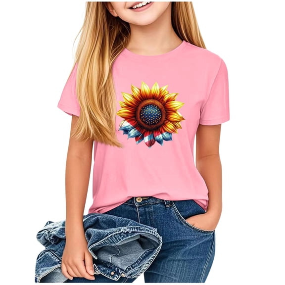 Fesfesfes Girls Summer T Shirts Kids Casual Crewneck Short Sleeve Mother's Day Loose Basic Tee Fashion Letter Print Pullover Tops 1-13 Years(Pink#2,7-8 Years)