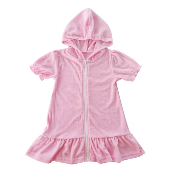 Fesfesfes Girls Swim Cover Ups Kids Fashion Zip Up Beach Swimsuit Coverup Hooded Dress 1-11 Years Kids Beach Pool Bathing Suit Wraps(Pink#2,6-7Years)