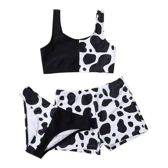 Fesfesfes Girls Swimsuit 3 Piece Bathing Suits Cow Print Bikini Tankini Set Beach Swimwear with Shorts Bikini Swimwear for 6-13 Years(Black,10-11Years)