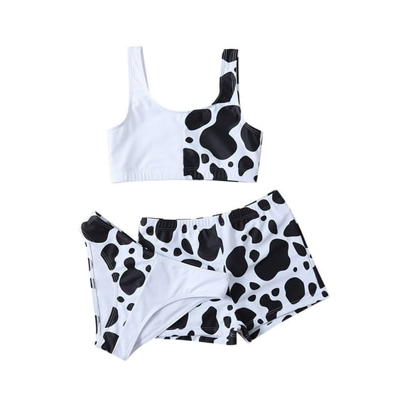 Fesfesfes Girls Swimsuit 3 Piece Bathing Suits Cow Print Bikini Tankini Set Beach Swimwear with Shorts Bikini Swimwear for 6-13 Years(White,8-9 Years)