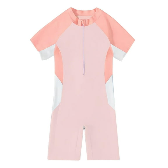 Fesfesfes Girls Swimsuit Children's Girls' Color Blocked Swimwear Fashion and Stylish Short Sleeved Zippers Cute and Sweet Ruffle Bathing Suit(Pink,8 Years)