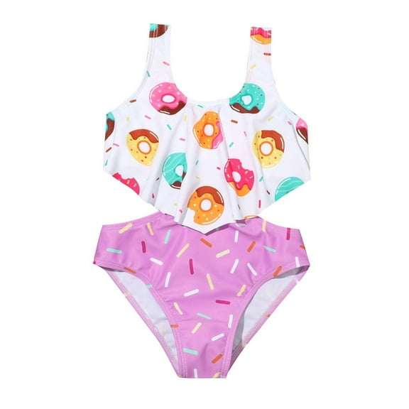 Fesfesfes Girls Swimsuit Cute Donut Print 1 Piece Bathing Suits Ruffle Bathing Suit Comfy Strap Girls' 4-8 Years Quick Dry Beach Sport Swimwear(Purple,5 Years)