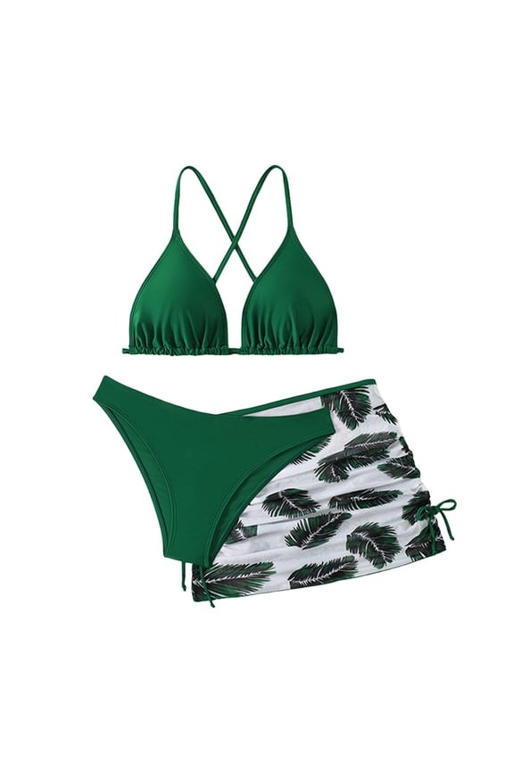 Girls Swimsuits Children's 3 Piece Tankini Bathing Suit Set Cute Bikini Swimwear with Swim Dress Beach Skirt 8-16 Years(Green,14-15 Years)