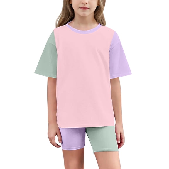 Fesfesfes Girls Tracksuit Summer Crewneck Short Sleeve Tops and Yoga Shorts Suit Kids Activewear Loose Soft Clothes Set 5-15 Years(Purple,5 Years)