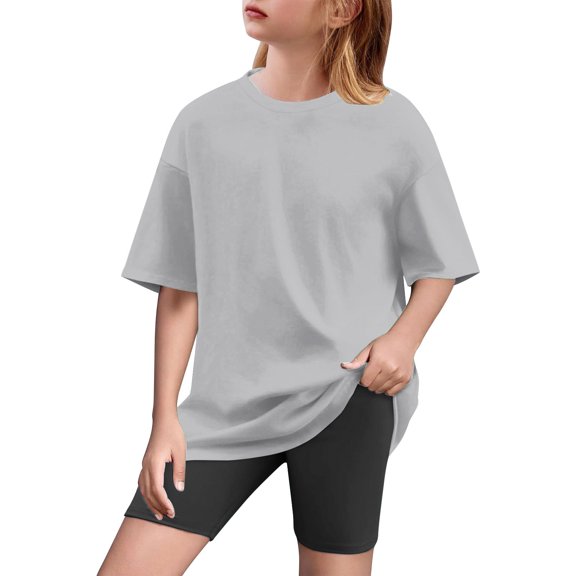 Fesfesfes Girls Yoga Shorts Suit Summer Outfits Casual Home Set Short Sleeve T Shirt and Elastic Waist Shorts 2 Piece Clothing Set(Gray#2,12 Years)