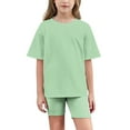 thumbnail image 1 of Fesfesfes Girls Yoga Shorts Suit Summer Outfits Casual Home Set Short Sleeve T Shirt and Elastic Waist Shorts 2 Piece Clothing Set(Green#1,6 Years), 1 of 9