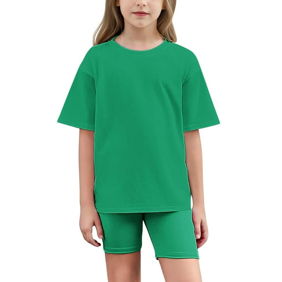 Fesfesfes Girls Yoga Shorts Suit Summer Outfits Casual Home Set Short Sleeve T Shirt and Elastic Waist Shorts 2 Piece Clothing Set(Green,10 Years)