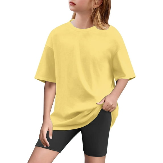 Fesfesfes Girls Yoga Shorts Suit Summer Outfits Casual Home Set Short Sleeve T Shirt and Elastic Waist Shorts 2 Piece Clothing Set(Yellow#2,8 Years)