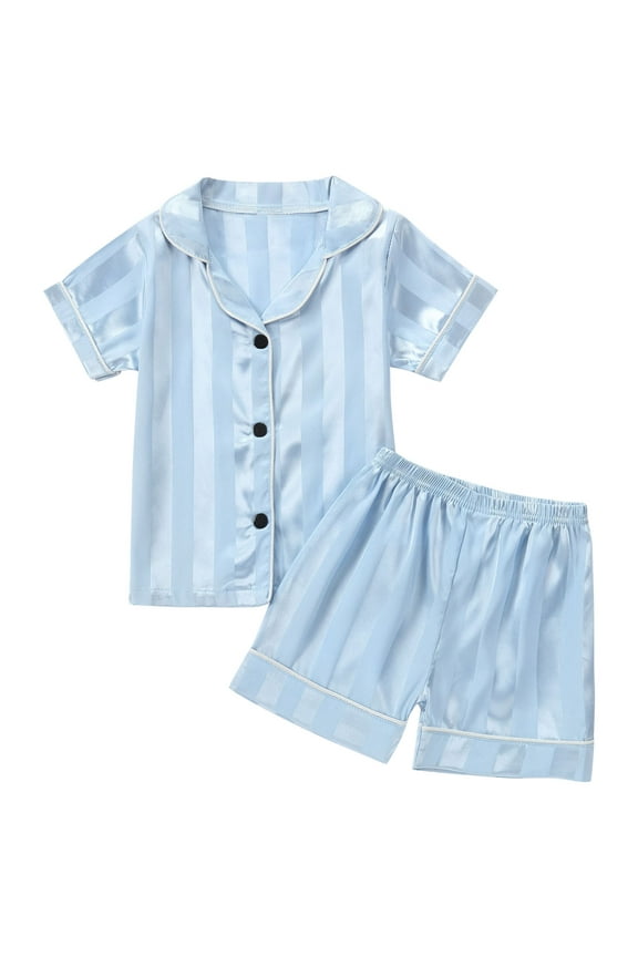 Home Wear Clothes Suit for Kids Girls Boy Stripe Print Silk Pajamas Set Soild Color Button Up Shirts with Shorts 2 Piece Cute Long Sleeve Outfits(Blue,2 Years)