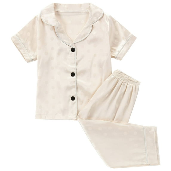 Fesfesfes Home Wear Clothes Suit for Kids Girls Boy Stripe Print Silk Pajamas Set Soild Color Button Up Shirts with Shorts 2 Piece Cute Long Sleeve Outfits(Beige,5 Years)