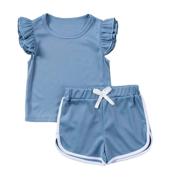 Fesfesfes Kids Girls' Everyday Outfit Summer Soft Round Neck Short Sleeve T-shirt with Comfort Low-Rise Casual Shorts for 1-6 Years(Blue,5 Years)