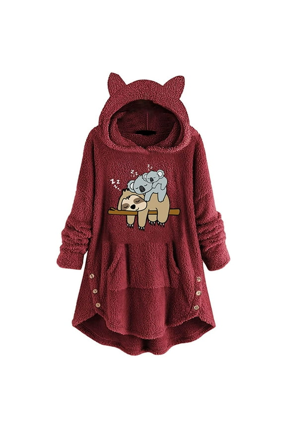 Long Hoodie Tops for Women Cute Pattern Winter Cat Ear Fleece Fuzzy Hooded Blanket Dress Plush Tops For Teen Girls