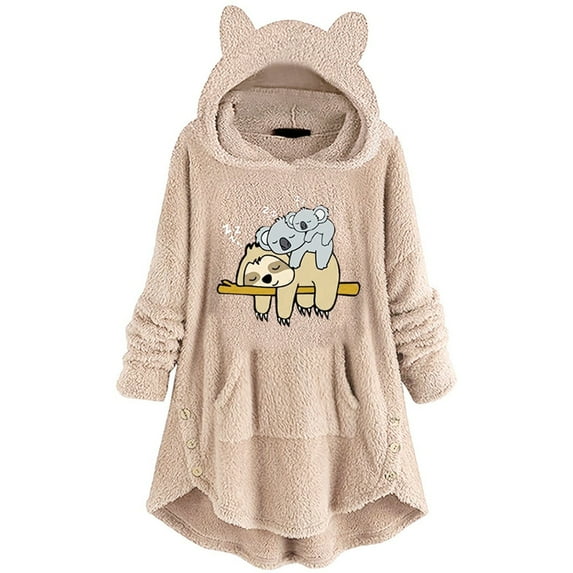 Fesfesfes Clearance Long Hoodie Tops for Women Cute Pattern Winter Cat Ear Fleece Fuzzy Hooded Blanket Dress Plush Tops For Teen Girls