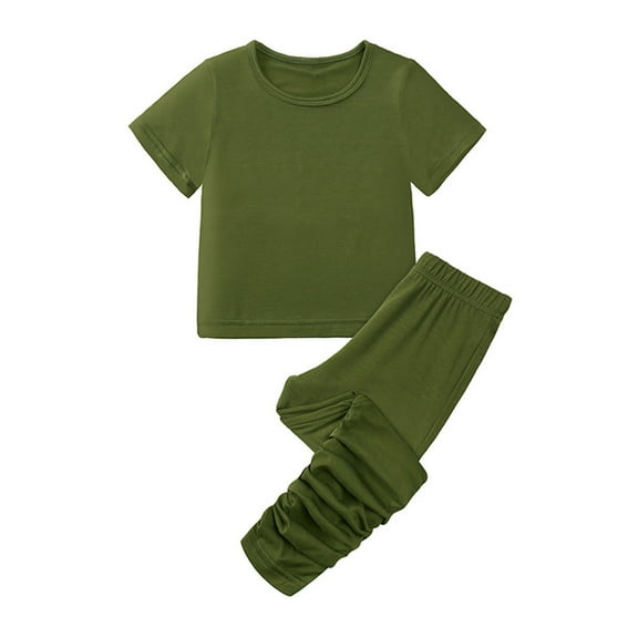 Fesfesfes Home Set for Boys and Girls Short Sleeve Round Neck Pajama Sets Cotton Pajamas Soft Elastic Waist Pants Home Set Sleepwear(Army Green,6 Years)