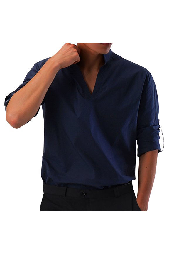 Men's Shirt Casual Deep V Fashion Long Sleeve Shirt Solid Color Multi-code