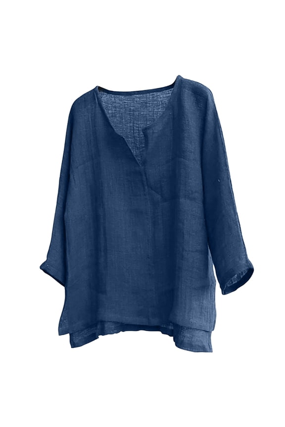 Plus Size Men's Linen Tops Long Sleeves V-Neck Comfortable Loose Blouse Tops