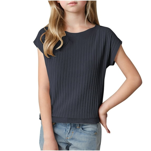 Fesfesfes Short Sleeve Shirts for Teens Girls Crew Neck Cute Summer Tops Solid Color Print Comfy Blouses Cute Clothes 6-13 Years(Gray,12-13 Years)