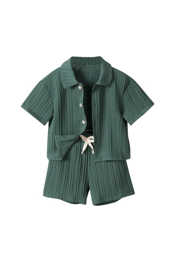 Summer Children's Boys Solid Color Turn Down Collar Short Sleeve Button Tops Elastic Waist Shorts with Pockets Two Piece Set(Green,2 Years)