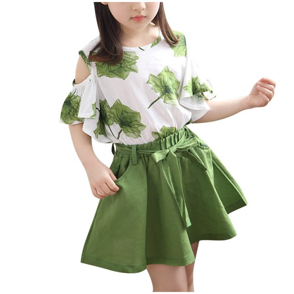 Fesfesfes Summer Girls' Casual 2 Piece Outfit Set Children's Short Sleeve Floral Tops and Skirt Pleated Two-piece Set for 4-14Years(Green,11 Years)