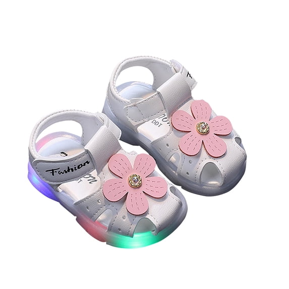 Fesfesfes Summer Non-Slip Beach Shoes Girls' Glow-in-Sandals Floral Princess Walking Shoes with LED Lights & Protective Toe-Cap Design