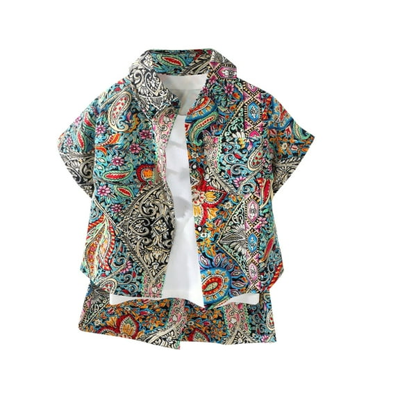 Fesfesfes Summer Shirts for Kids Short Sleeve Graphic Solid Thin Shirt Casual for 2-14 Years Boys Children's Short Sleeve Shirt Shorts Set(Multicolor#1,5-6 Years)