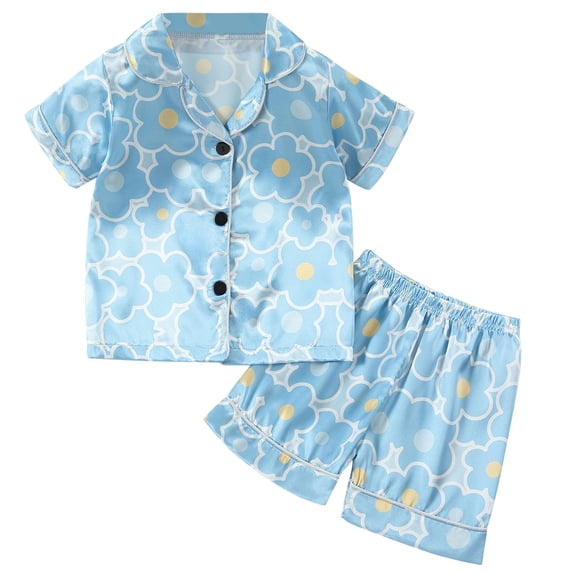 Fesfesfes Toddler Baby Girls Solid Color Pajamas Set Short Sleeve Shirts Ruffled Shorts Set 1-8 Years Kids Sleepwear Pjs Set Home Wear Clothes Suit(Light Blue,12 Months)