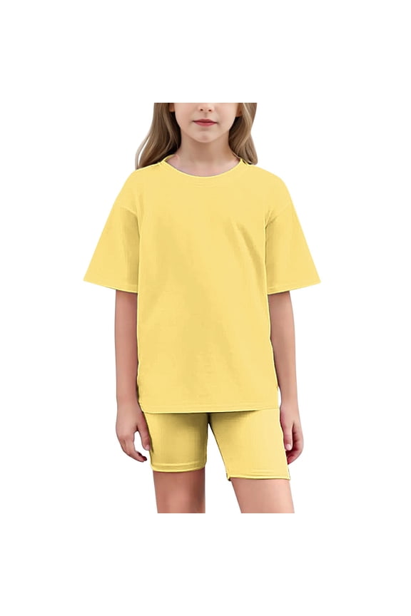 Toddler Kids Boys Girls Fashion Cute Solid Color Loose Soft Short Sleeve Tops Yoga Shorts Suit Summer Home Wear Suit(Yellow#2,5 Years)