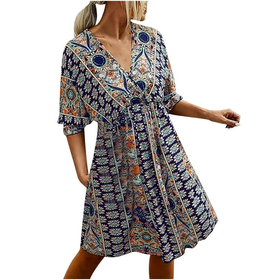 Fesfesfes Women Bohemian V Neck Dress Loose Short Sleeve Print Mini Dress
