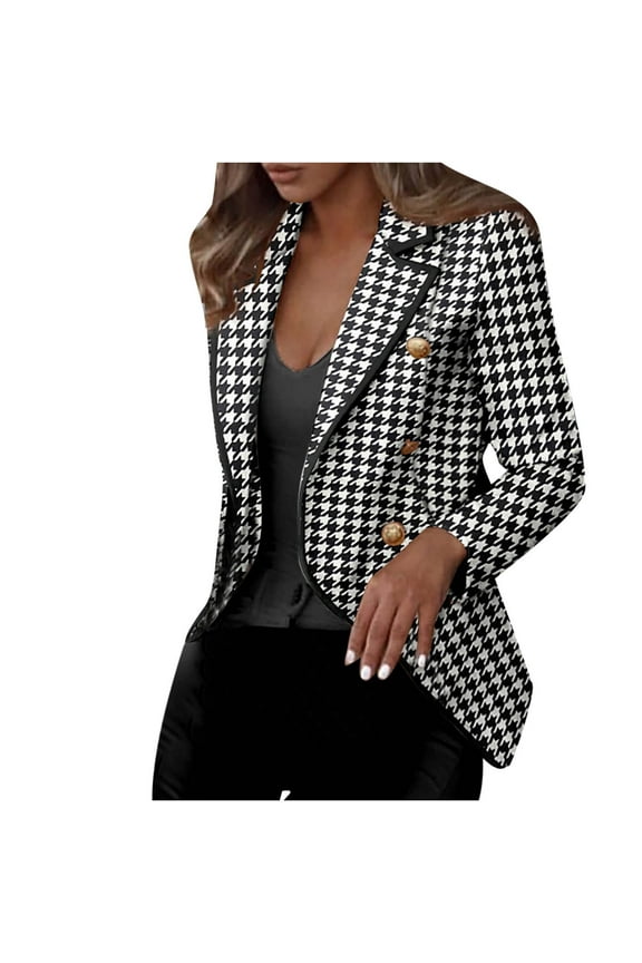 Women Business Blouse Jacket Houndstooth Printed Long Sleeve Suit Slimming Cardigan Double Breasted Suit Coat Tops Jacket