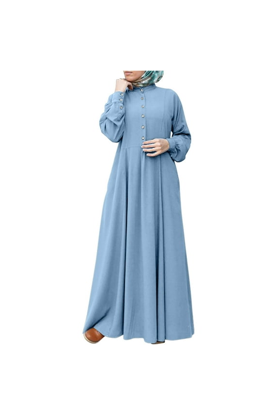 Women Buttons Mu-slim Robe Loose Long Sleeve Dress Solid Ankle-length Dress Long Robe