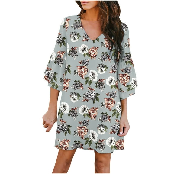 Fesfesfes Women Casual Dress Dress Sweet And Cute V-Neck Printed Bell Sleeve Shift Dress Mini Dress