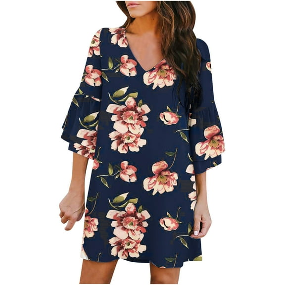 Fesfesfes Women Casual Dress Dress Sweet And Cute V-Neck Printed Bell Sleeve Shift Dress Mini Dress