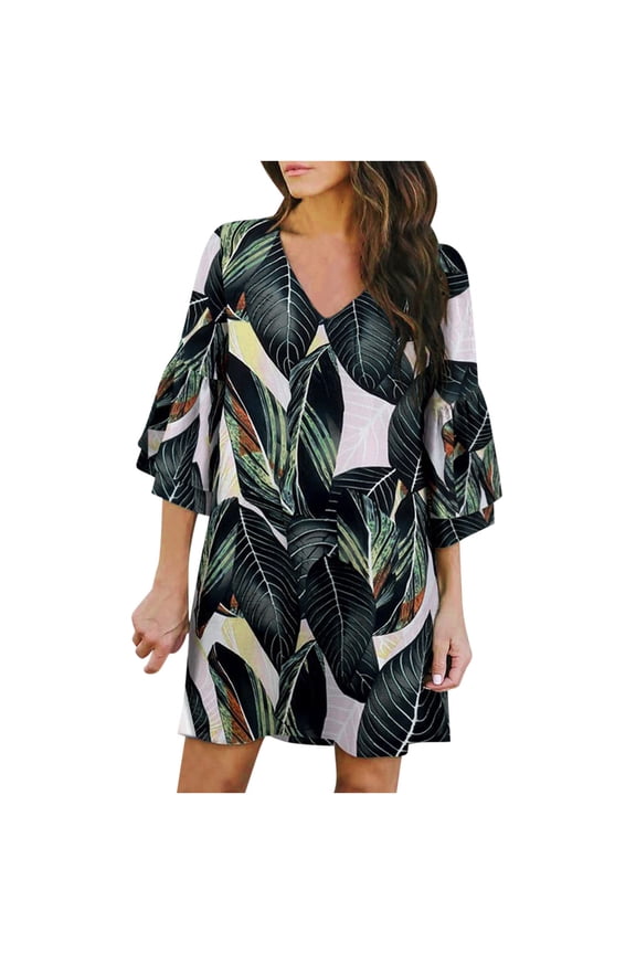 Women Casual Dress Dress Sweet And Cute V-Neck Printed Bell Sleeve Shift Dress Mini Dress