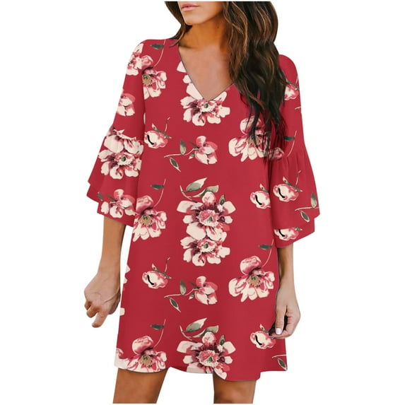 Fesfesfes Women Casual Dress Dress Sweet And Cute V-Neck Printed Bell Sleeve Shift Dress Mini Dress